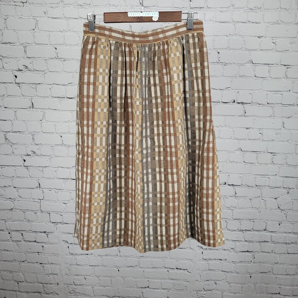 VTG Marsha Brown Wool Blend Plaid Pleated Back Zip Unlined A-Line Midi Skirt 12